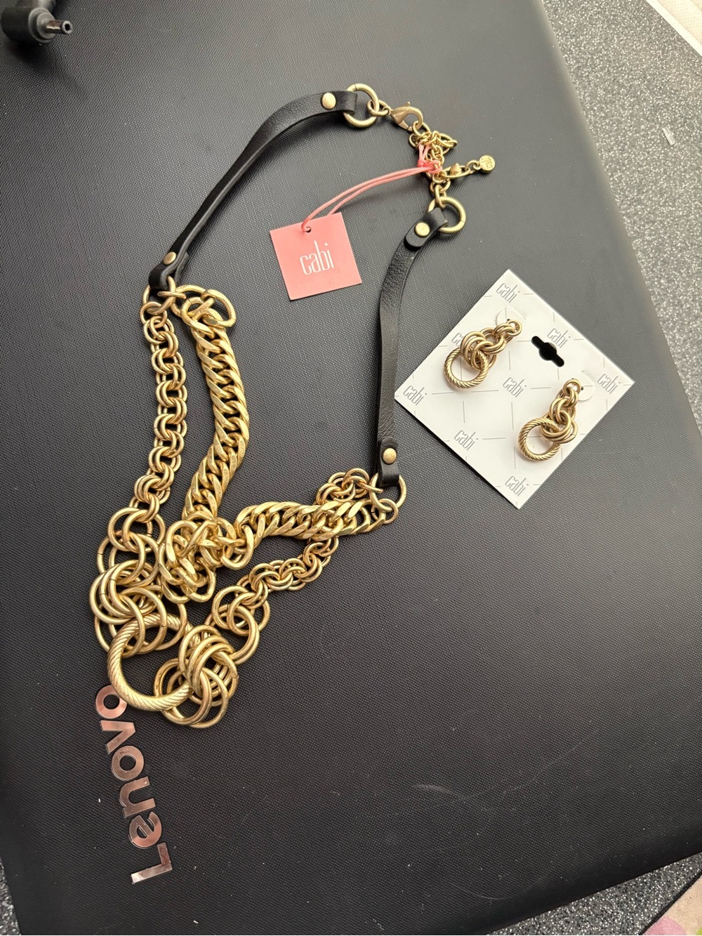CAbi Gold Chain Statement Necklace & Earring Set HARNESS RING NWT